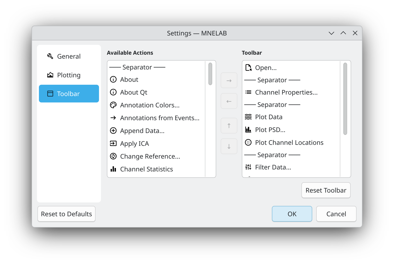 Toolbar settings